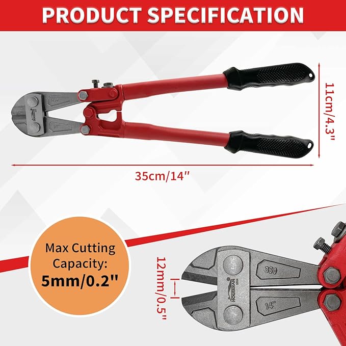 Bolt Cutter 14 inch, Bolt Cutter with Comfort Handle Grip, Heavy Duty Bolt Cutter for Fences, Steel Wire, Chains, Screws, Locks, and Rivet