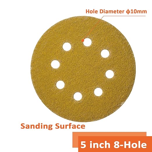 Orbital Sandpaper 5 Inch 8 Holes 60 Grit Sander Discs,Hook and Loop Wet/Dry Gold Replacement Sandpaper,Suitable for Wood,Plastic Grinding and Polishing,Pack of 50