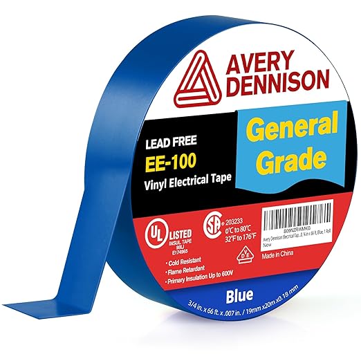 Avery Dennison Electrical Tape, General Use PVC Electric Tape, UL/CSA Listed Insulating Vinyl Tape for Electrical, Repairs, Automotive and Equipment, EE-100, ¾ in x 66 ft, Blue, 1 Roll
