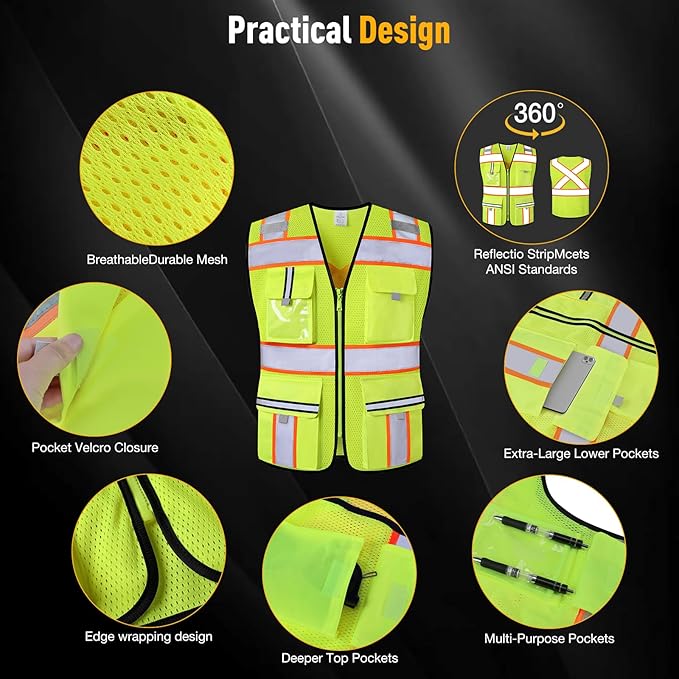 Class 2 Safety Vest with Zipper Front and multiple Pockets, High Visibility Vest, Meets ANSI/ISEA Standards