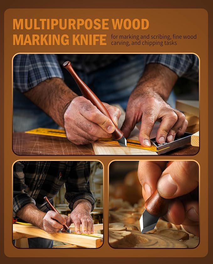 RAVS Marking Knife Woodworking and Leather Sheath, Double Bevel Striking Woodworking Marking Knife, Rosewood Handle Scribing Knives with Leather Sheath, High Carbon Steel Blade with Titanium Coating