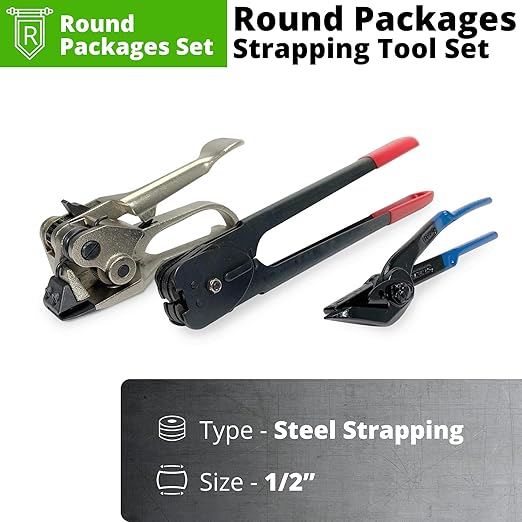IDL Packaging Round Packages Strapping Tool Set for 1/2" Steel Strapping, 1100 lbs Break Strength – Tensioner, Sealer, Cutter for Metal Banding – Packaging Strapping Tool Kit to Secure Heavy Packages