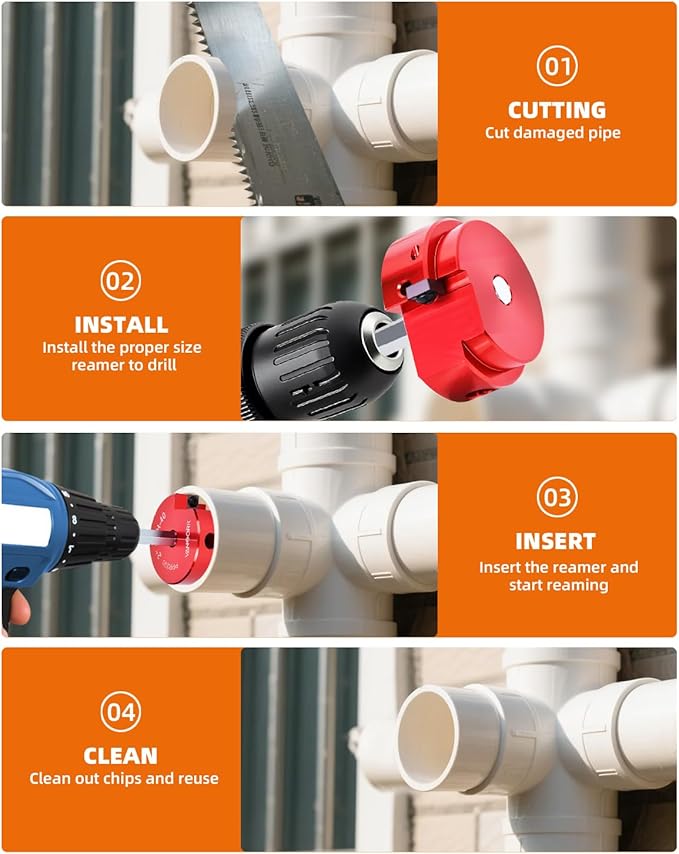 8 Pieces PVC Pipe Reamer Kit with 1/2 inch, 3/4 inch, 1 inch, 1-1/4inch, 1-1/2inch, 2inch, 3inch, 4inch, Aluminum PVC Fitting Saver, Plumbing Tools for SCH40, Fit into Standard 1/2" Drills