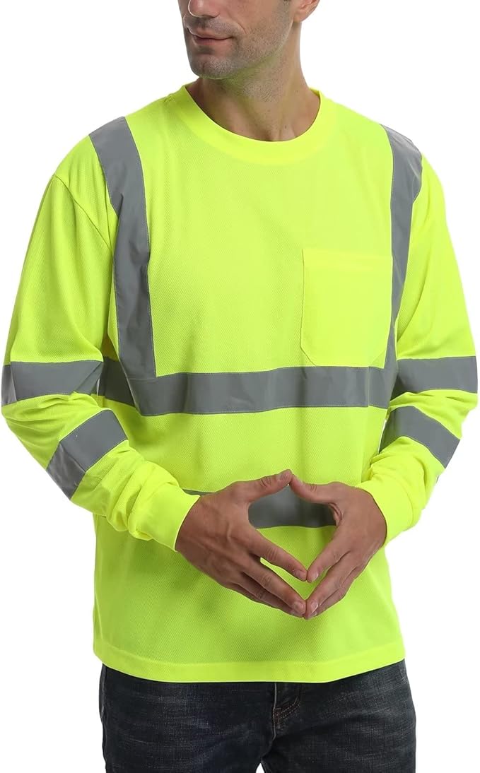 High Visibility Class 3 T Shirts，Hi Vis Safety Shirts with Reflective Strips and Pocket, Long Sleeve Quick Dry Mesh Construction Work Shirt for Men/Women Lime,2XL