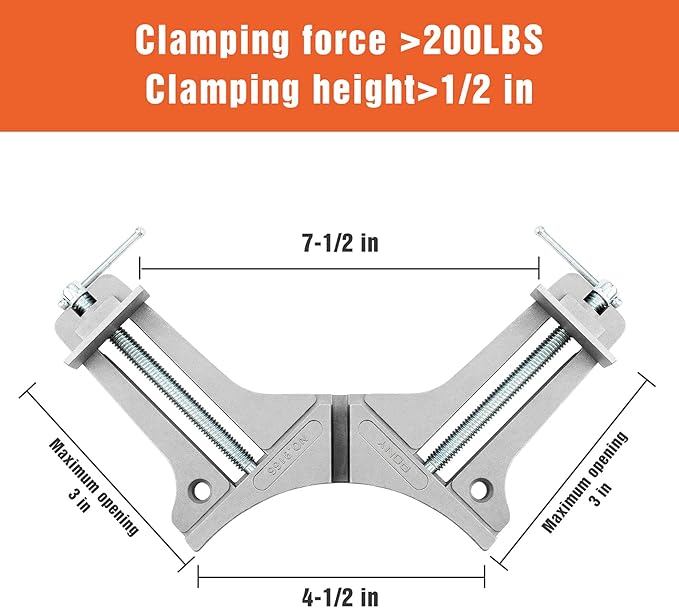 PONY 2-Piece 90 Degree Corner Clamp Set, Featured with 3’’ Maximum Opening, 200 lbs Clamping Force & 1/2’’ Clamping Height, Aluminum Alloy Body, Adjustable Right Angle Clamps for Multiple Projects