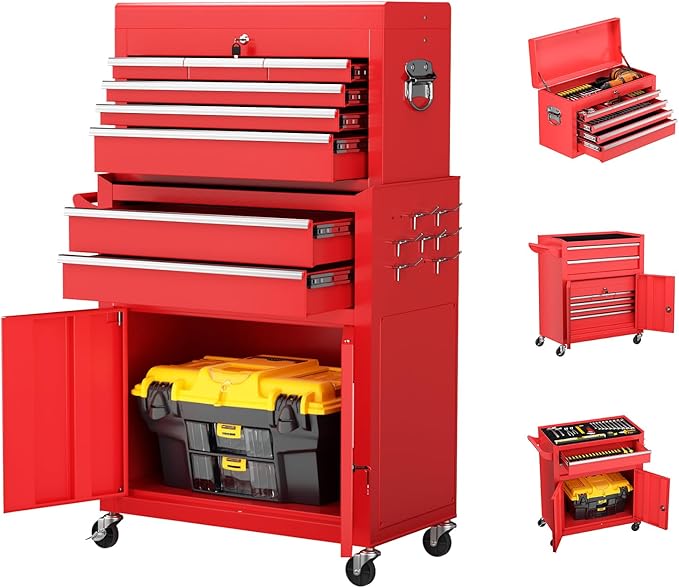 Crownland 8-Drawer Rolling Tool Chest with Wheels, Lockable 2 in 1 Detachable Tool Cabinet wit Drawers and Black Liners, Garage Top Toolbox & Bottom Storage Cart with Side Hooks(Red)