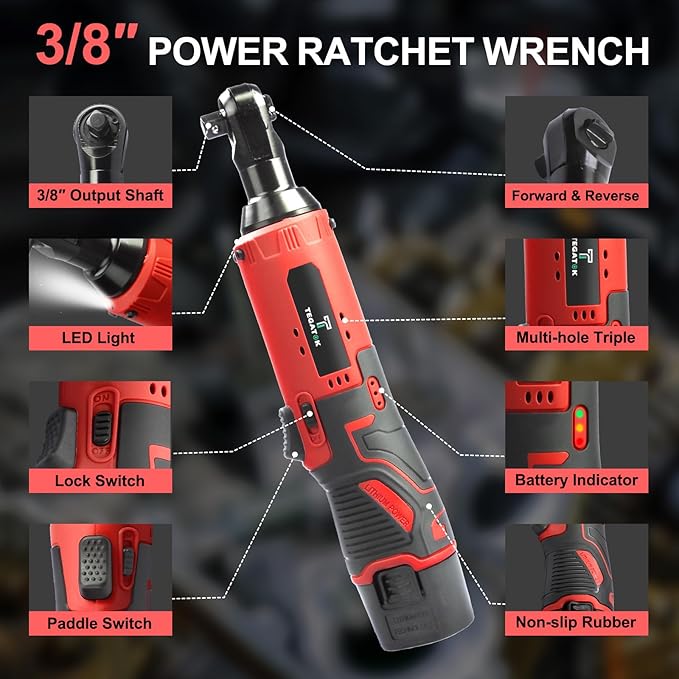 Cordless Electric Ratchet Wrench Set, 40FT-LBS (45N.m) 3/8" Electric Ratchet, 12V Cordless Ratchet Wrench, 2 x 2.0Ah Batteries Impact for Car Home, Red