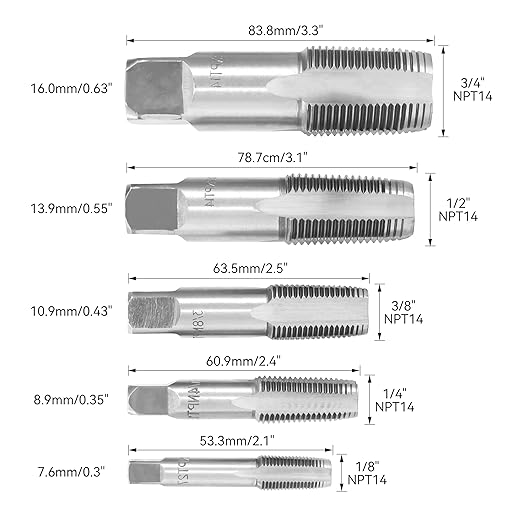 HFS(R) 5PCS NPT Pipe Tap Set ，1/8", 1/4", 3/8", 1/2" and 3/4", with Plastic Case for for Accurate Threads, Assorted Plumbers Mechanics DIY Thread Cutting Tools