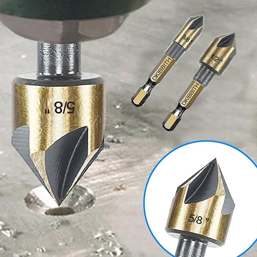 Countersink Drill Bit Set, 5pc, 1/4" Hex Shank, 82 Degree Countersink Holes for Screws to Sit Flush or Under The Surface of Metal Wood Plastic, Sizes 1/4, 3/8, 1/2, 5/8, 3/4 Inches with Storage Case
