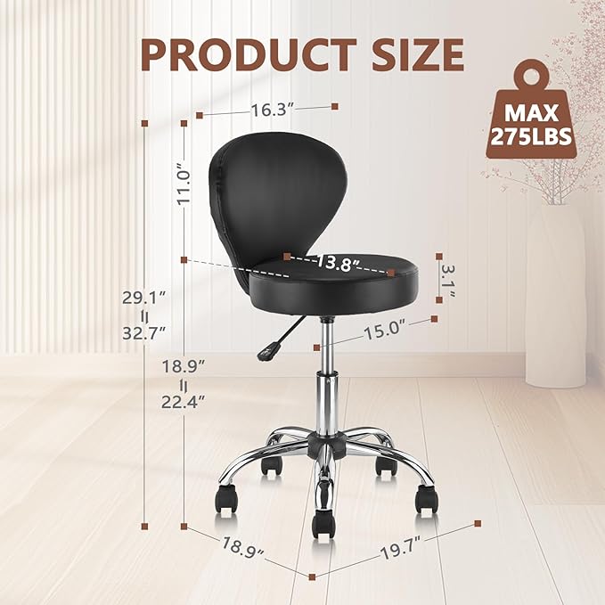 Set of 4 PVC Faux Leather Rolling Swivel Salon Stool Chair with Wheel Back Lumbar Support Seat Height 22 in Diameter 15 Inch Adjustable Hydraulic Chair for Office Massage Facial Spa 4 Pack