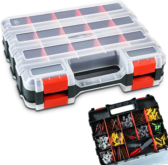 AMM Tool Box, Double Side Tool Box Organizer with 34 Compartments, Removable Dividers, Tackle Box Small Parts Screw Hardware Organizer for Screws, Nuts, Nails and Bolts (1 Piece, Red)