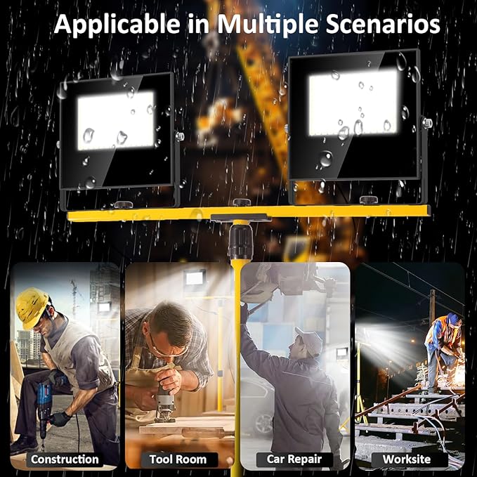24000 Lumen LED Work Lights with Stand, Floodlight Work Light 2 Adjustable Head Work Light with 16FT IP67 aterproof Tripod Works Light Stand with Individual Switch for Construction Lighting