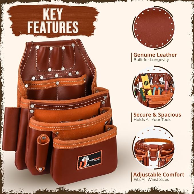 Daisy Leather Tool Belt Pro-202, 28 Pockets, Top Grain Leather, 2.5-inch Padded Belt, Fits 30-52 inch Waist, X-Large (Cherry, X-Large)