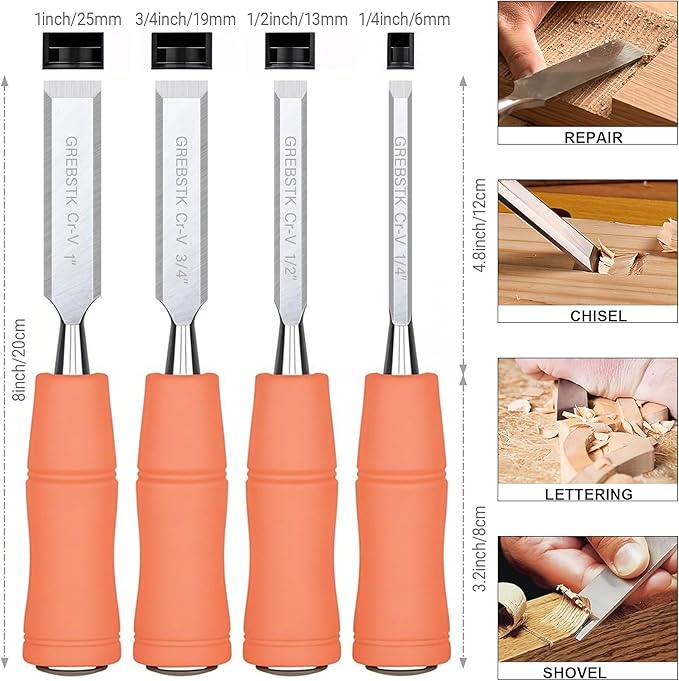 GREBSTK 4 Pcs Wood Chisel Set, CRV Steel Bevel Sharp Edge Bench Chisels with Metal Striking Cap, for Woodworking and DIY Projects, 8"x(1/4", 1/2", 3/4", 1")