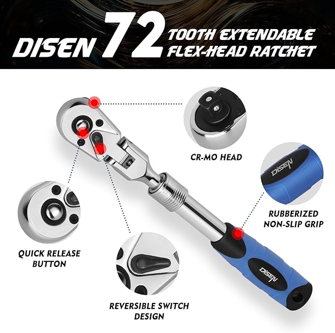 DISEN 3/8" Drive Extendable Ratchet,72-Tooth Flex-Head Ratchet Wrench with Quick Release Locking，Soft-Grip with Reversible Switch,Full-Polished Chrome Plating