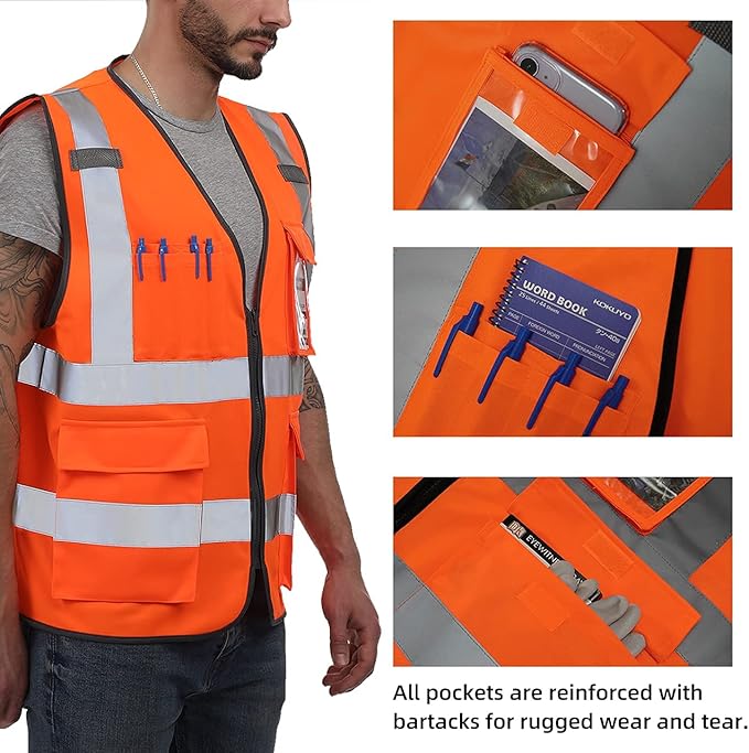 Dib Safety Vest Reflective ANSI Class 2, High Visibility Vest with Pockets and Zipper, Construction Work Vest Hi Vis Orange 4XL
