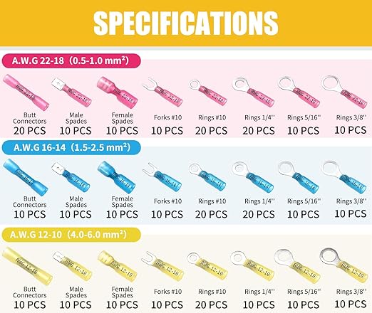 300PCS Heat Shrink Wire Connectors, 22-10 AWG Waterproof Electrical Wire Terminals Kit, Marine Grade Heat Shrink Butt Connectors Insulated Ring Fork Spade Butt Splices for Automotive Boat Truck