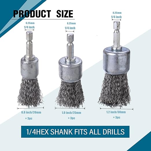 9 Pcs Wire Brush Wheel for Drill, Wire Brush for Drill 1-Inch Crimped End Wire Brushes 1/4" Hex Shank for Paint-Surface and Small Spaces
