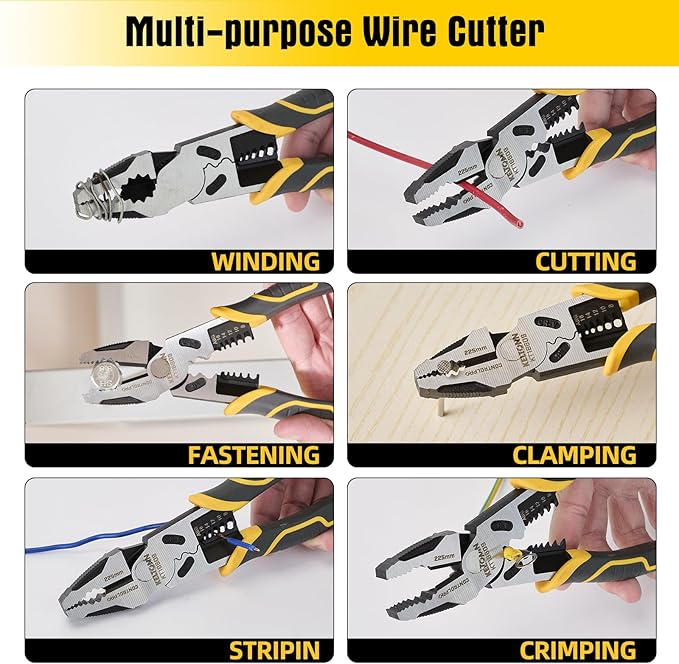 Combination Pliers Wire Stripper Crimper Cutter Linesman Tool, 9" 6-in-1 Heavy Duty Cr-V Steel Pliers for Gripping, Stripping, Crimping, Electrical Work
