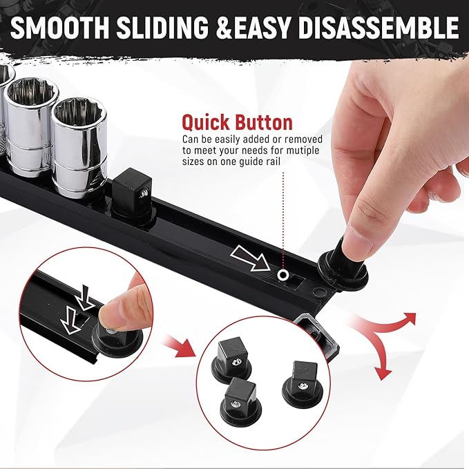 Magnetic Socket Organizer, 1-Piece Heavty Duty ABS Socket Holder, Socket Rail for Tool Box, Premium Quality 360° Swivel Socket Rack with 12 Clips for 1/2-Inch(Black)