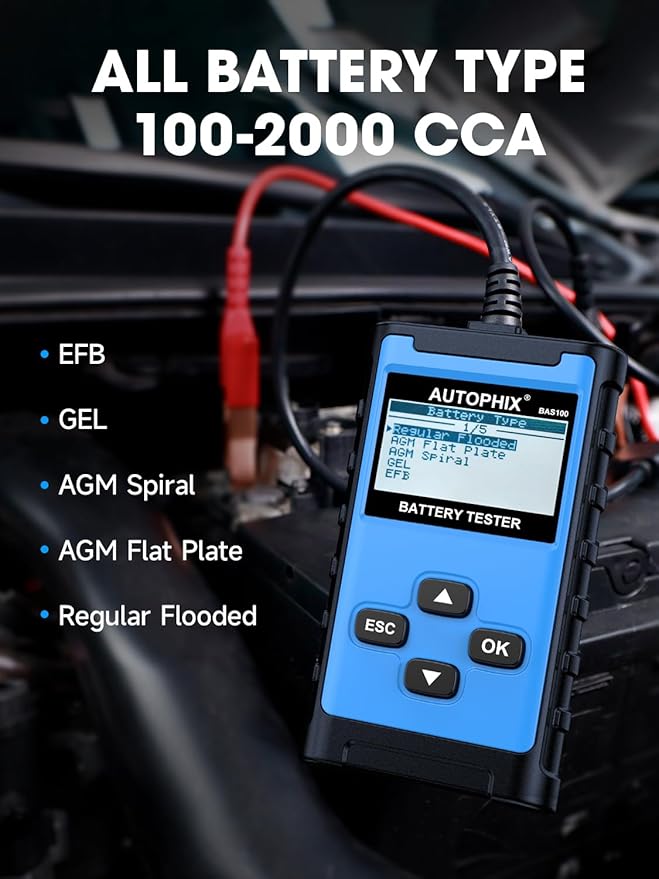 AUTOPHIX BAS100 Car Battery Tester 12V 24V, Accurate Automotive Load Meter Alternator Analyzer 100-2000 CCA Load Tester, Charging & Cold Cranking Test for Cars Truck Motorcycle Boat and More