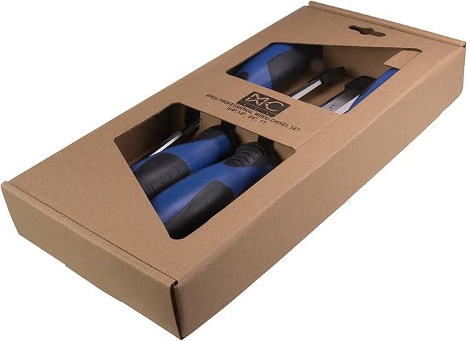 4 Piece Wood Chisel Set Woodworking Chisel Kit with Chrome-Vanadium Steel and Plastic Handles with Iron Cap, Paper Case for Carpenter Craftsman Gift for Men