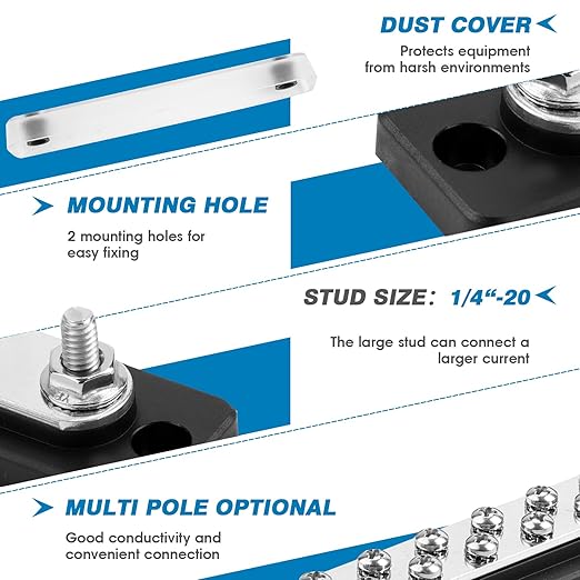 GLOSO Common Busbar 3/8” Power Distribution Block Marine Bus bar Battery Terminal Distribution Block 150 Amp Rating 6P