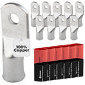 SELTERM 10pcs - 1/0 Awg - 1/4" Stud - Battery Lugs - Ring Terminal Connectors with 12pcs 3:1 Black & Red Heat Shrink Tubing with Adhesive | Heavy Duty Battery Cable Ends - Tinned Copper Wire Lugs Kit