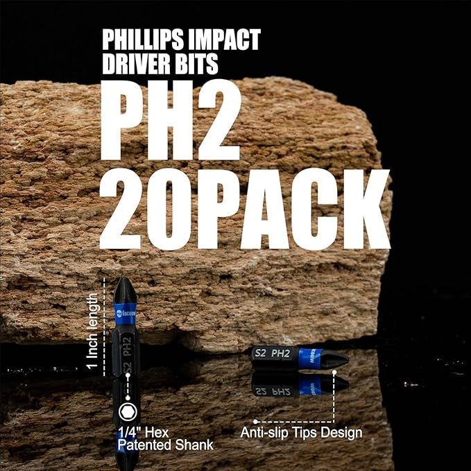 20 Pack Phillips Impact Driver Bits, #2 Phillips Head Magnetic Screwdriver Bits Set, 1 Inch S2 Alloy Steel Impact Bit, 1/4" Hex Shank Screwdriver Drill Bits, CNC Machined Ph2 Impact Drill Bits