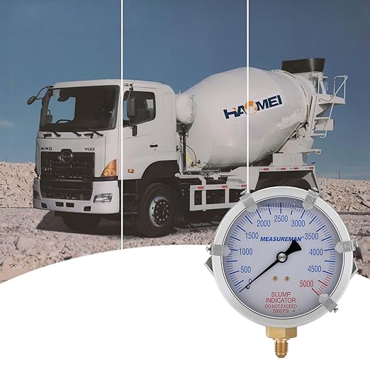 MEASUREMAN Concrete Pump Slump Indicator Gauge, 4 Inch Dial, 0-5000 PSI with 5 Adjustable Target Pointers, Glycerin Filled, 304 Stainless Steel Case, 7/16-20UNF Lower Mount