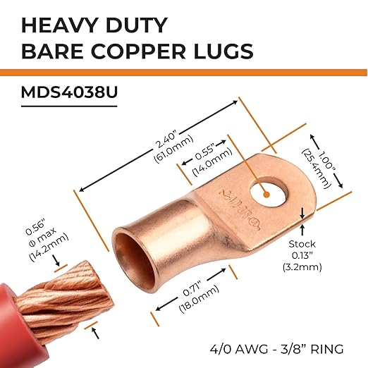 SELTERM 10pcs 4/0 AWG - 3/8" Stud - Battery Lugs, Heavy Duty Copper Wire Lugs, Ring Terminals, Battery Cable Ends,0000 Gauge Terminals, UL Bare Copper Eyelets Electrical Battery Terminal Connectors