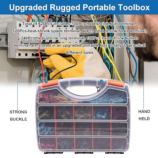 Tnisesm 620Pcs Marine Grade Heat Shrink Wire Connectors kit 22-10 AWG Electrical Connectors Ring, Ring Fork Spade Butt Splice Terminals