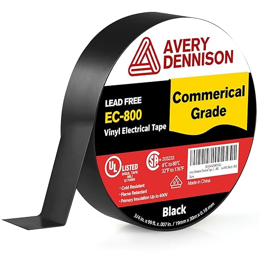 Avery Dennison Electrical Tape, Commercial Grade PVC Electric Tape, UL/CSA Listed Insulating Vinyl Tape for Electrical, Repairs, Automotive and Equipment, EC-800, ¾ in x 99 ft, Black, 1 Roll