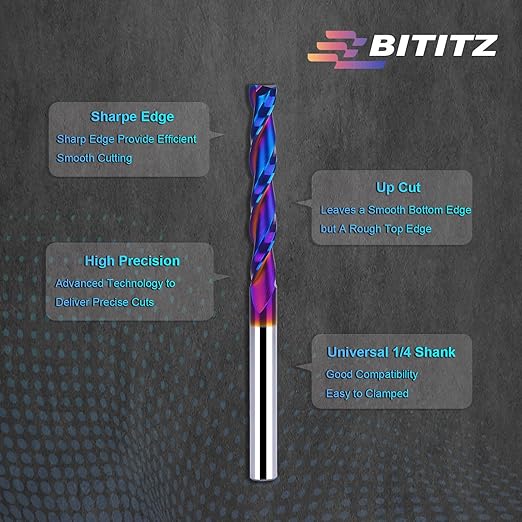2PCS 1/4 Upcut Spiral Router Bit 1/4 Inch Shank 2 inch Cutting Length with Extra Long Life Coating CNC Router Bits End Mill for Wood Cutting, Slot Mortise, Engraving