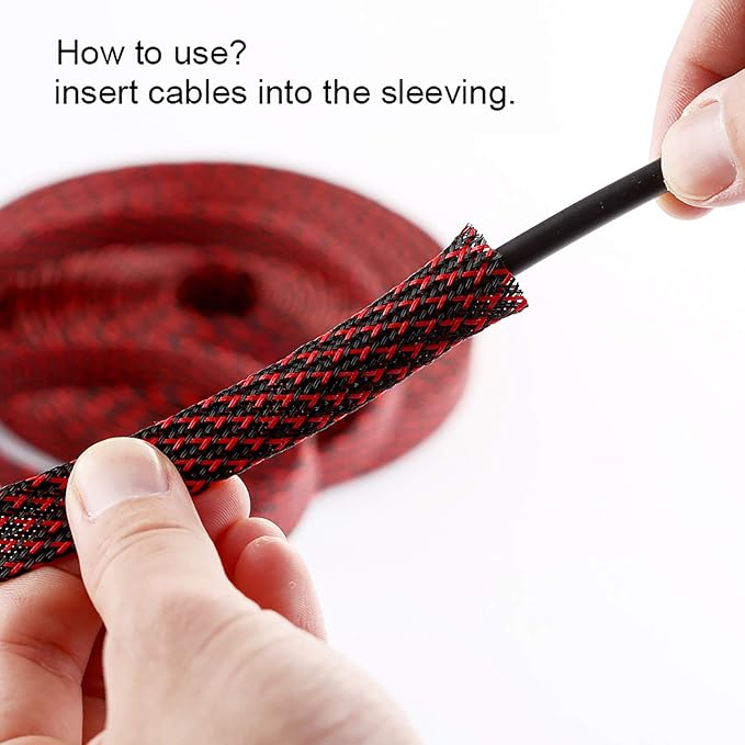 25ft - 3/8 inch PET Expandable Braided Sleeving – BlackRed – Alex Tech Braided Cable Sleeve