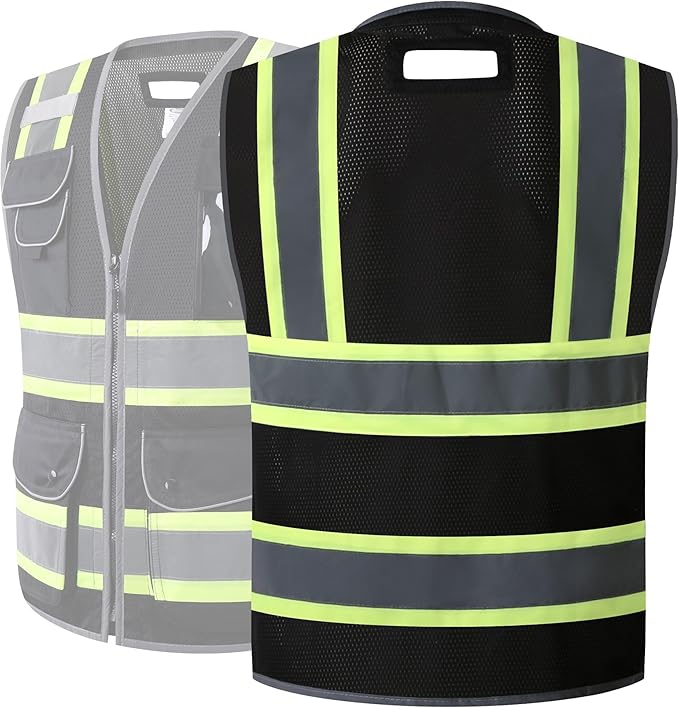 JKSafety 11 Pockets Hi-Vis Black Mesh Safety Vest for Men Women High Visibility Reflective Construction with Zipper Work Utility PPE Work Gear ANSI/ISEA compliant (102-Black XL)