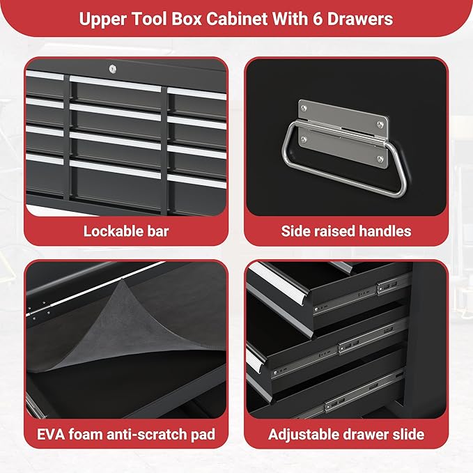 6-Drawer Tool Chest, Rolling Tool Storage Cabinet with Enhanced Packaging, Detachable Top Tool Box, Liners,Tray Divider, Metal Tool Cart for Workshop Garage, Black