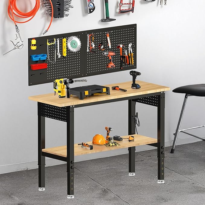 Adjustable Height Work Bench 48×24 Workbench for Garage with Under Table Shelf Heavy Duty Rubber Wood Work Table for Shop Woodworking, Office, Home, Commercial