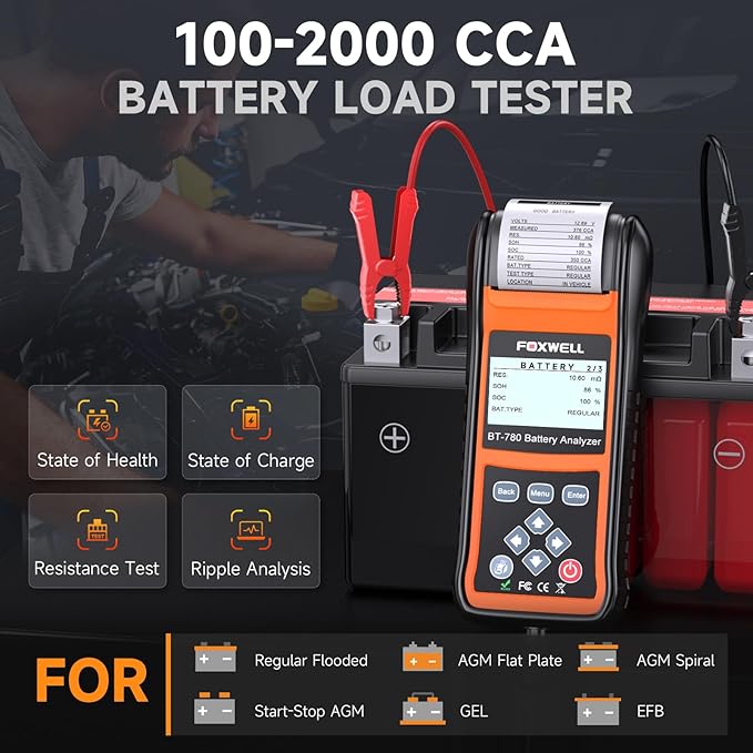 FOXWELL BT780 Car Battery Tester, 12V 24V Battery Load Analyzer with Printer 100-2000CCA Digital Automotive Cranking Charging System Checker for Car Motocycle Heavy Duty Truck Marine SUV Boat