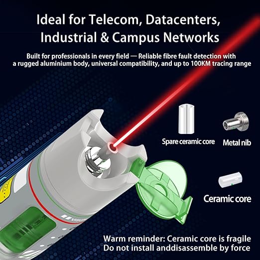 2PCS 100KM Visual Fault Locator for Fiber Optic Cable, High-Power VFL Tester with FC/ST/SC/LC Support, Long-Range Fault Finder & Light Pen Tool for FTTH, Telecom, Datacenter, OTDR, Industrial Network