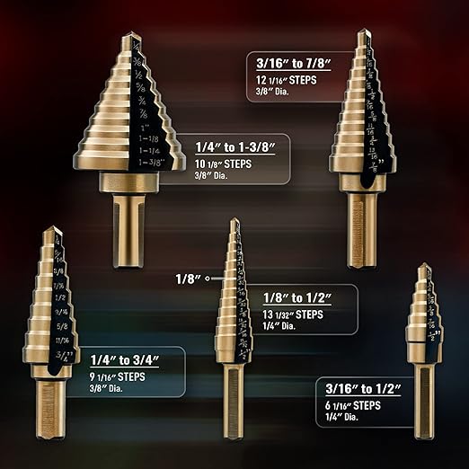 ZELCAN Step Drill Bits, HSS 5PCS Titanium Step Drill Bit Set, 50 Sizes in 5 High Speed Steel Unibit Drill Bits Set for Sheet Metal with Aluminum Case, Multiple Hole Stepped Up Bits for DIY Lovers