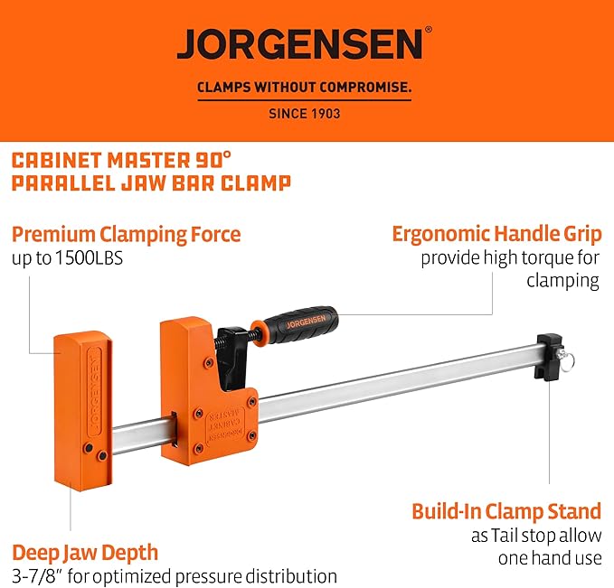 Jorgensen 18” Bar Clamp Set, 2-pack 90° Parallel Clamp Cabinet Master, Steel Jaw Bar Clamp for Woodworking, 1500 lbs load Limited