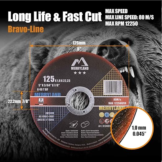 Merryland Cut Off Wheel 5 inch for Angle Grinder, Metal Cutting Wheel 5 X .045 X 7/8 Ultra Thin 25 Pack, Iron Stainless Steel Cutting Disc, Bravo-Line B13081042