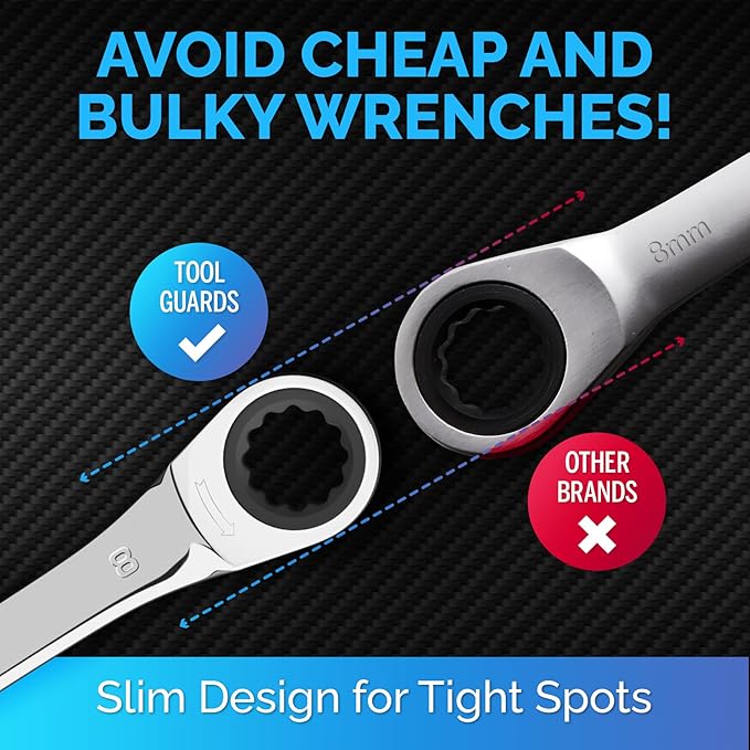 TOOLGUARDS 8mm Wrench - Ratcheting Wrench - Slim Profile - Ratchet Wrench - 100% Lifetime Satisfaction Guarantee