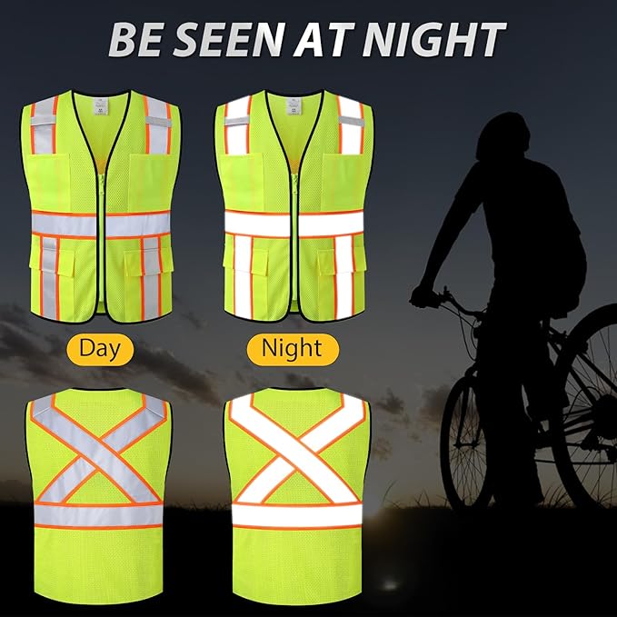Class 2 Safety Vest with Zipper Front and multiple Pockets, High Visibility Vest, Meets ANSI/ISEA Standards
