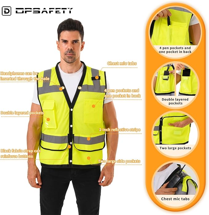 Reflective Safety vest With back plan pocket,High visibility Class 2 Heavy Duty Surveyor Vest,Hi Vis Vest ANSI/ISEA Standard, Construction Work Vest for Men＆Women(Lime-Button,5XL)