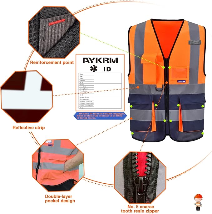 A-SAFETY High visibility vest,Reflective Safety Vest Workwear 7 Pockets Hi Vis Durable Vest with Reflective Tapes 4 Lower Pockets,Orange&Navy XL