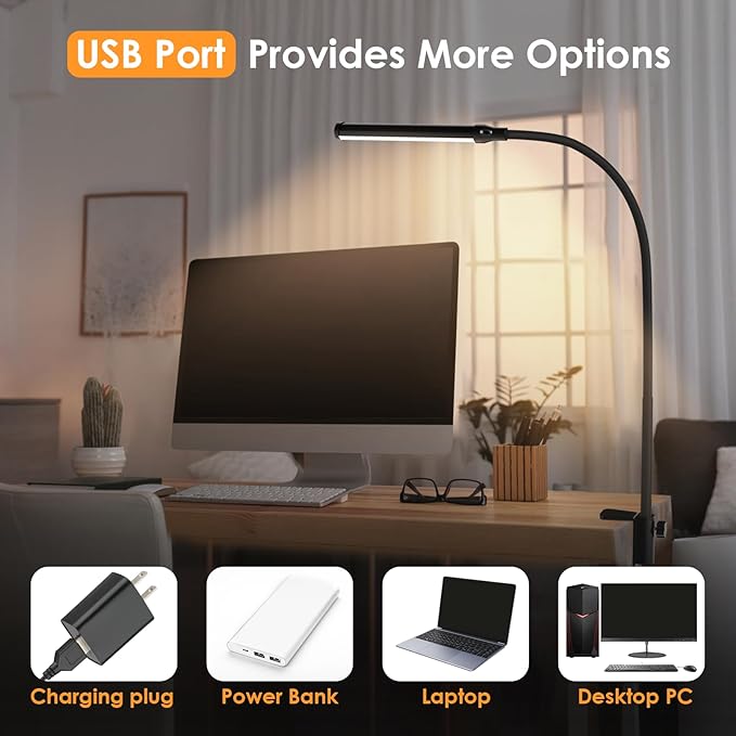 ShineTech LED Desk lamp with Clamp, 3000K Warm White 11 Brightness Level Eye-Caring Clip Lights for Home Office, Flexible Gooseneck USB Adapter, Black