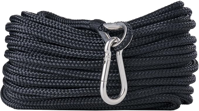 RainierSupplyCo Boat Anchor Rope - Double Braided Marine Rope Anchor Line - 50 ft x 1/4 Inch Nylon Boating Line with 316 Stainless Steel Thimble and Heavy Duty Marine Grade Snap Hook - Black