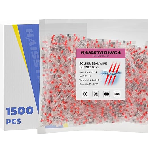 haisstronica 1500PCS Red Solder Seal Wire Connectors, 22-18 AWG Marine Grade Waterproof Electrical Butt Terminals